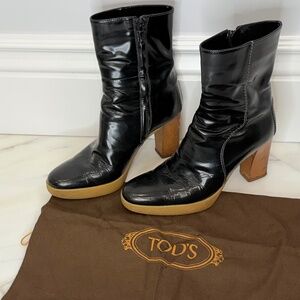Tod's Leather Ankle Boots with Wooden Heel - Black 36.5